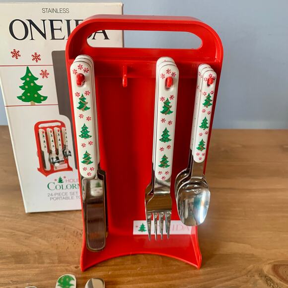Oneida Colormates Holiday Christmas Tree 24 Piece Set Stainless Silverware Caddy - Picture 6 of 15